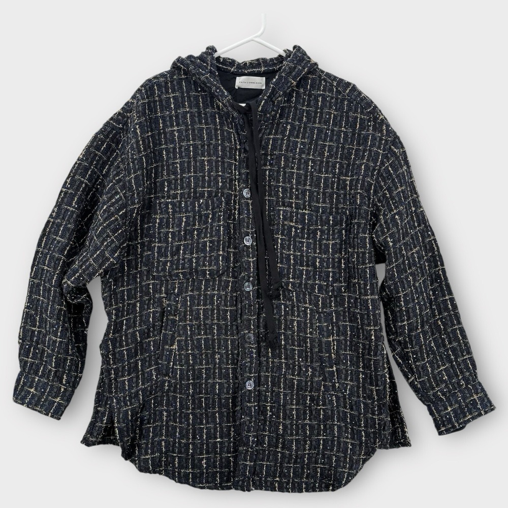 Faith Connexion Mens Medium Sequin Metallic Tweed Hoodie Jacket Black Blue Gold